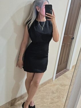 AEL Studios Elegant Black Satin Sleeveless Mini Cocktail Dress